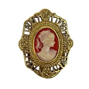 1928 Scarf Clip Cameo Gold Tone and Tiny Faux Pearls